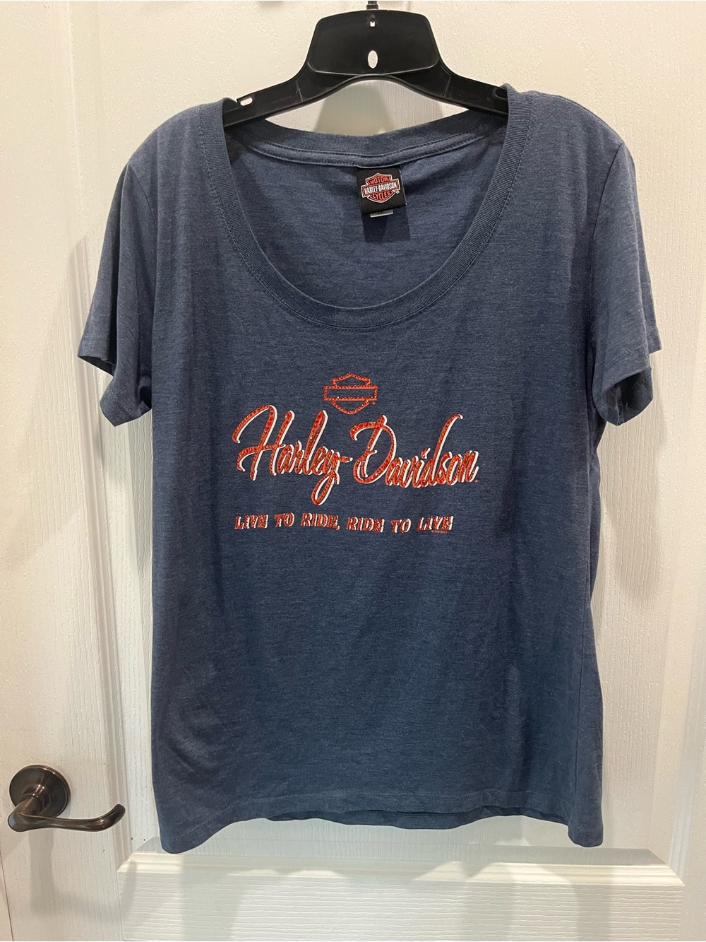 Harley-Davidson Women's Navy Blue Tee with Orange Script